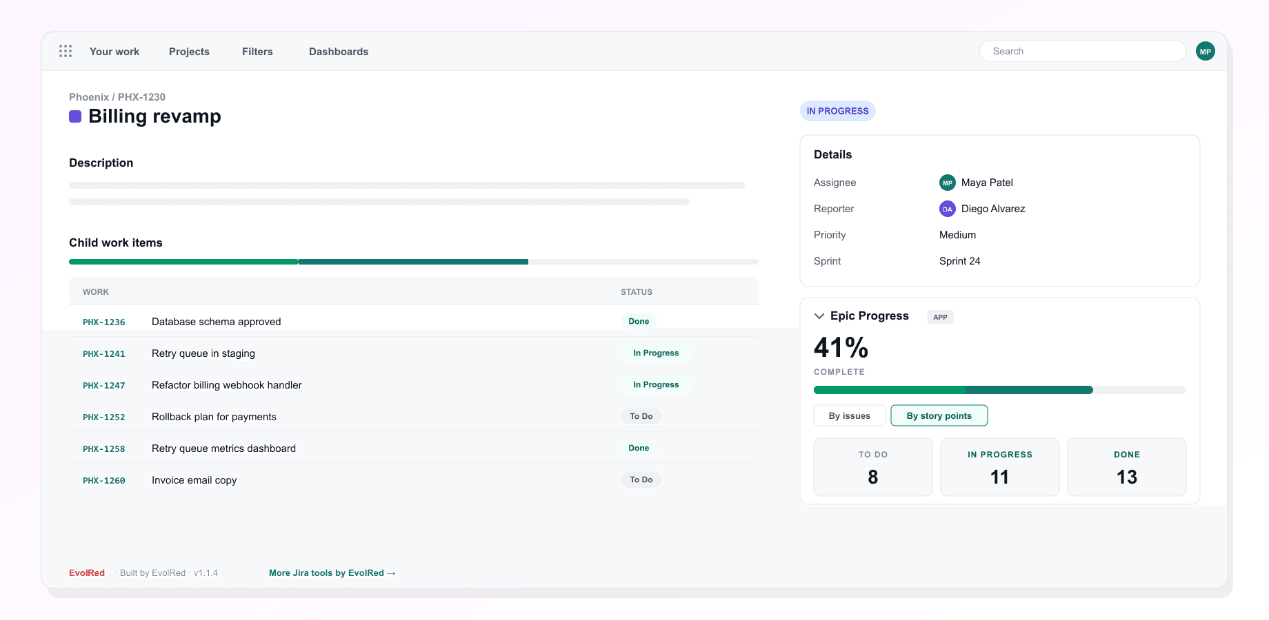 Epic Progress Bar for Jira: Mide por incidencias o por puntos de historia