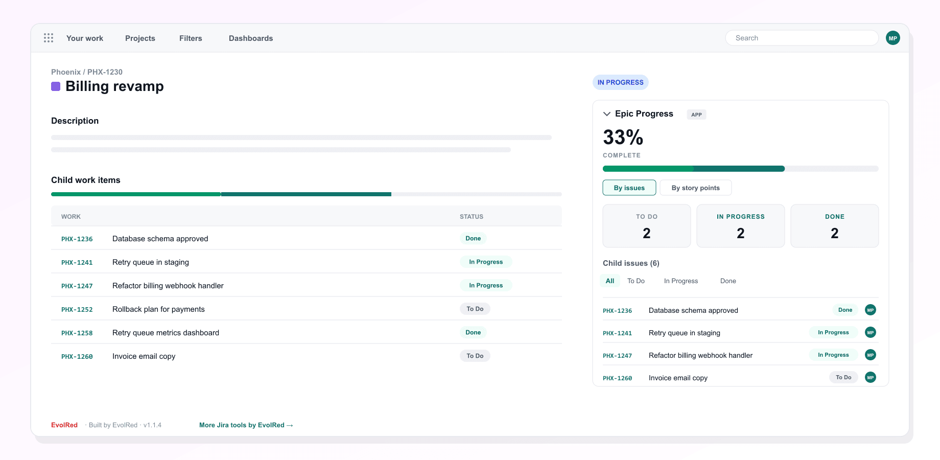 Epic Progress Bar for Jira: Las incidencias hijas que hay detrás del número