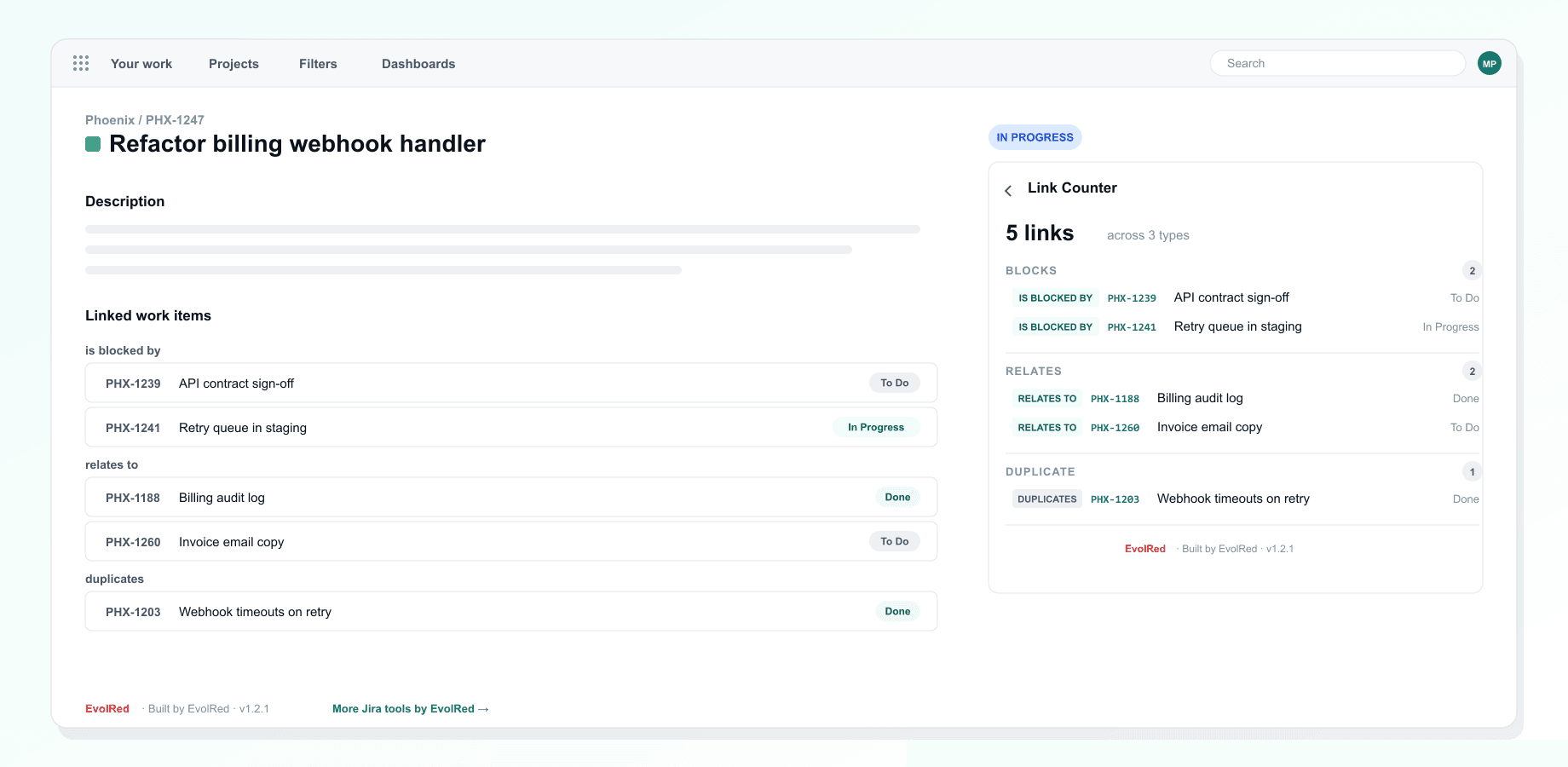 Issue Link Counter for Jira: Enlaces agrupados por tipo, los más usados primero