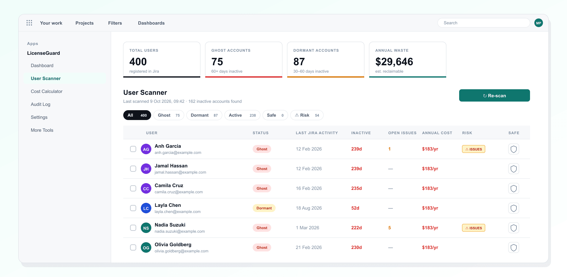 LicenseGuard for Jira: Encuentra cuentas inactivas en minutos