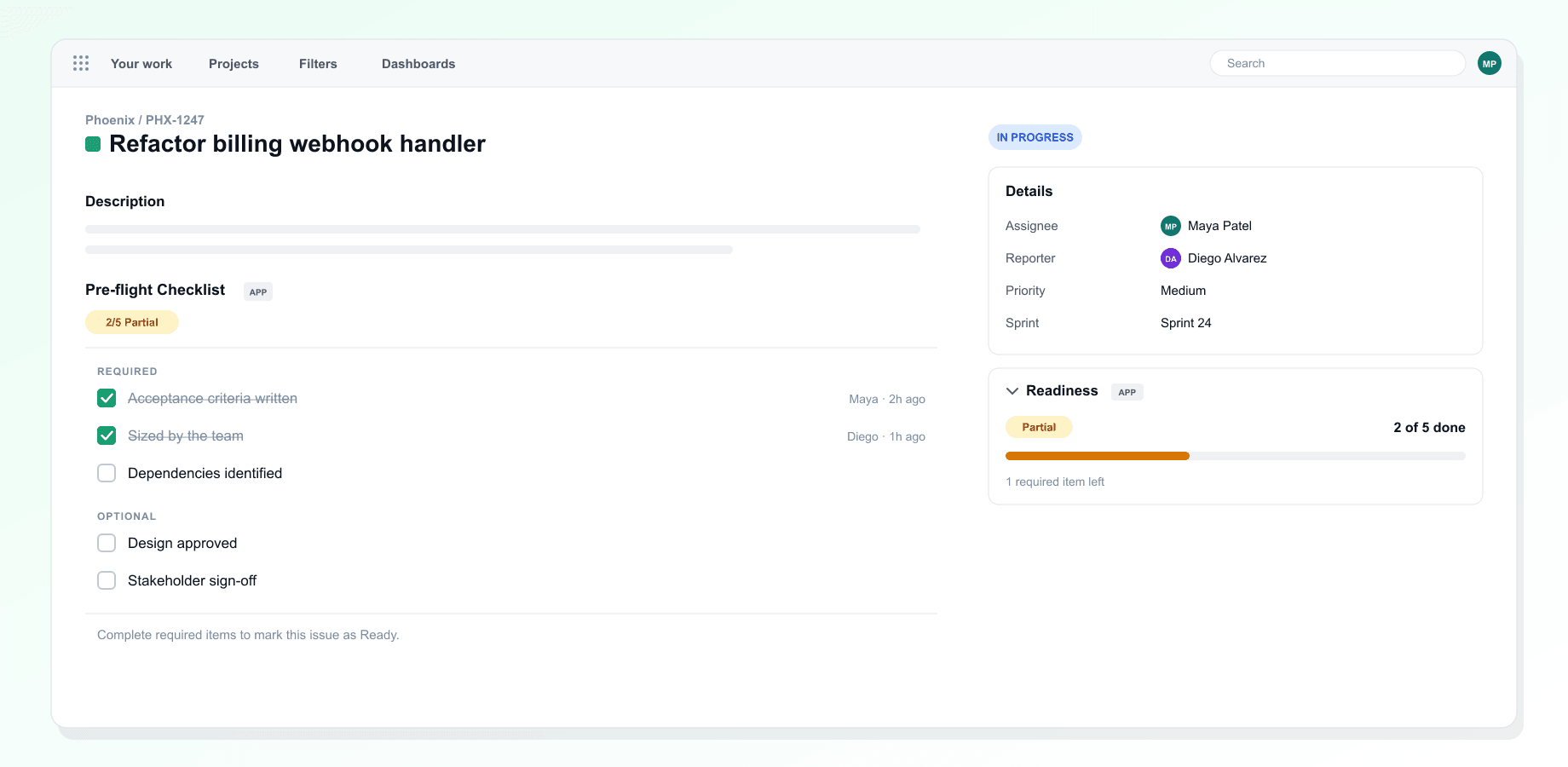Pre-flight Checklist for Jira: A readiness checklist on every issue