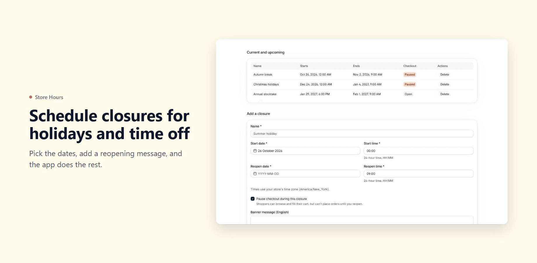 Store Hours for Shopify: Schedule closures for holidays and time off