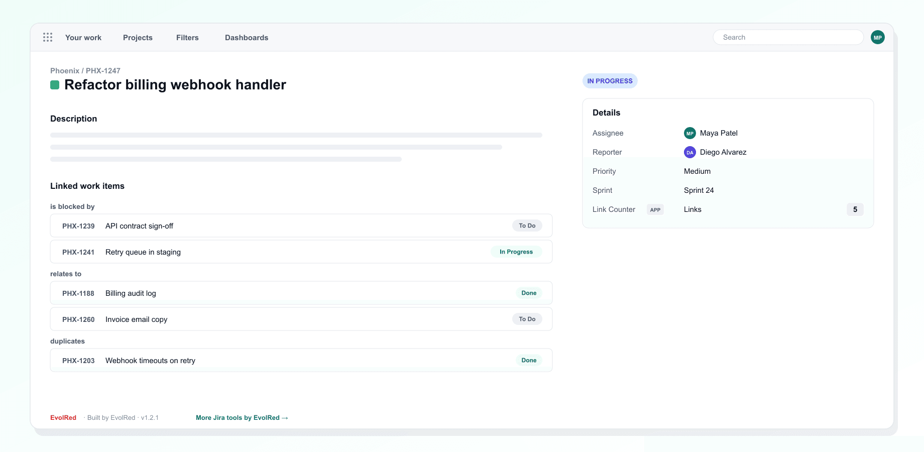 Issue Link Counter for Jira: El número de enlaces en la barra lateral
