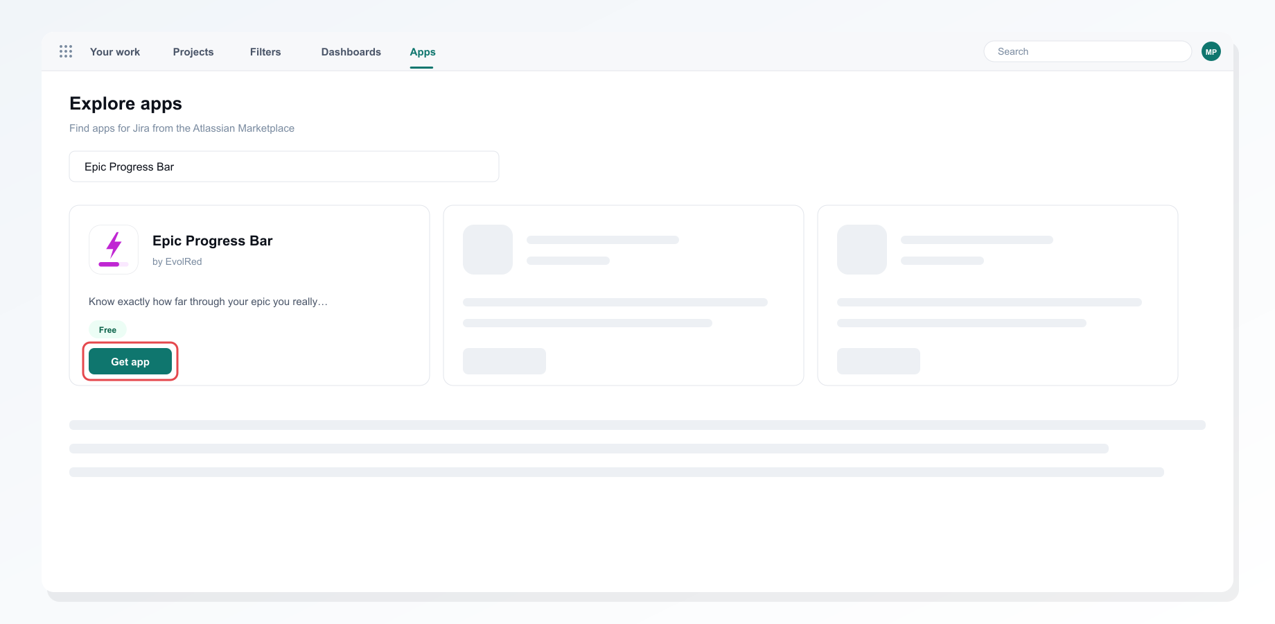 Instalación de Epic Progress Bar desde la pantalla de apps de Jira