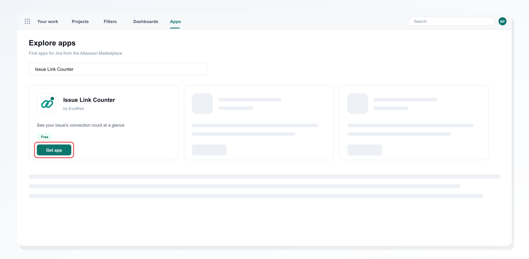 Installing Issue Link Counter from the Apps screen in Jira