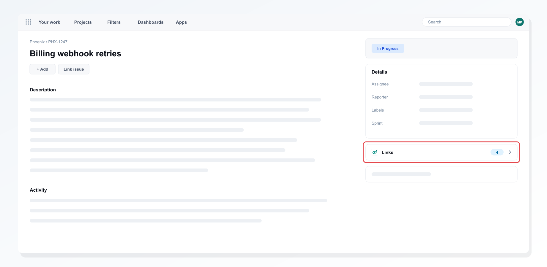 The Links row with its count in the issue sidebar
