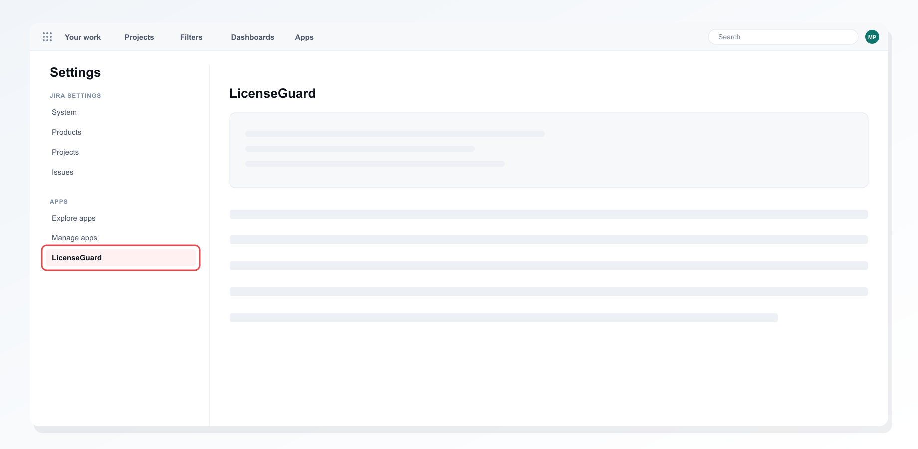 LicenseGuard en la sección Apps de la configuración de Jira