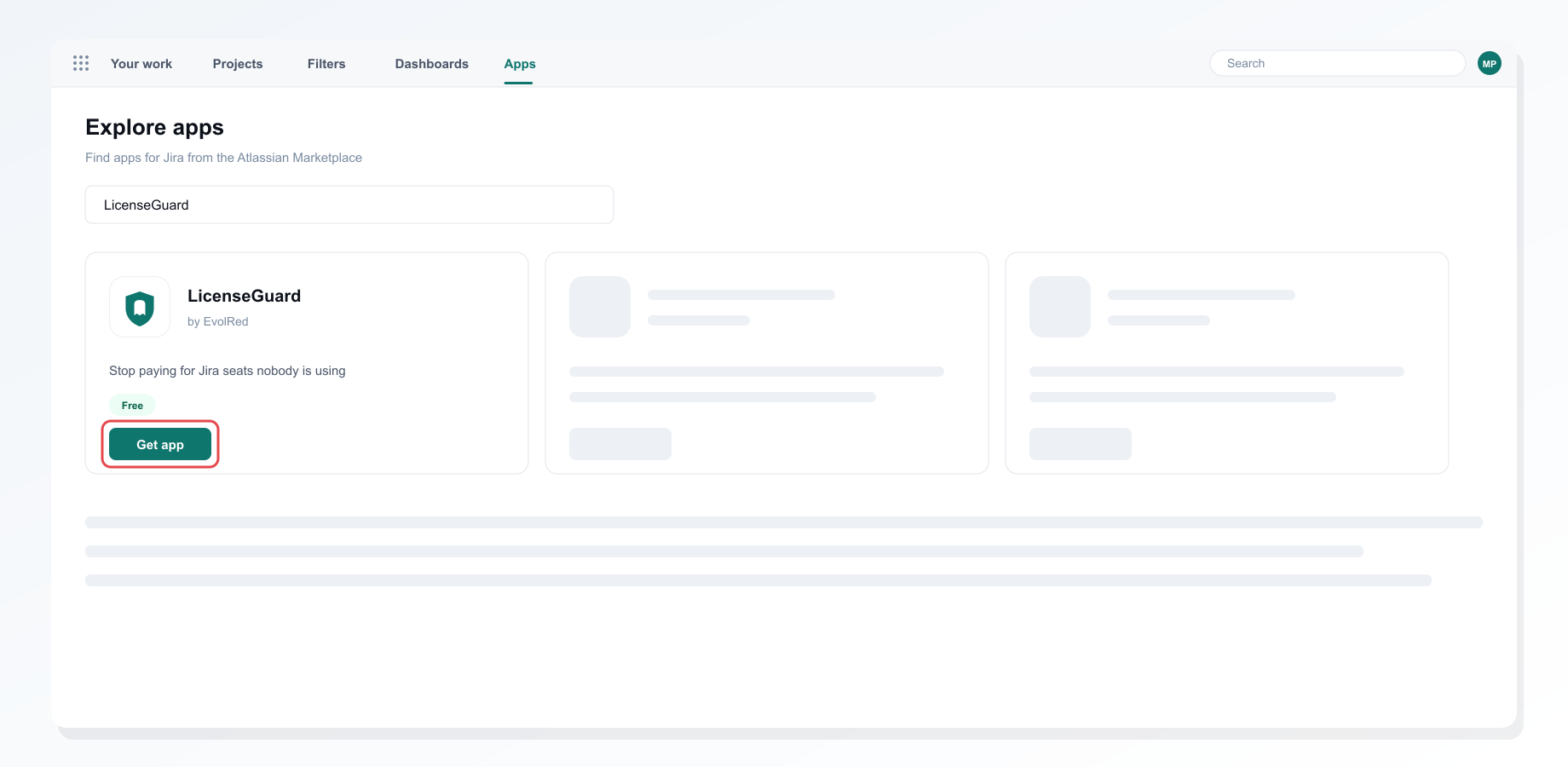 Instalación de LicenseGuard desde la pantalla de apps de Jira