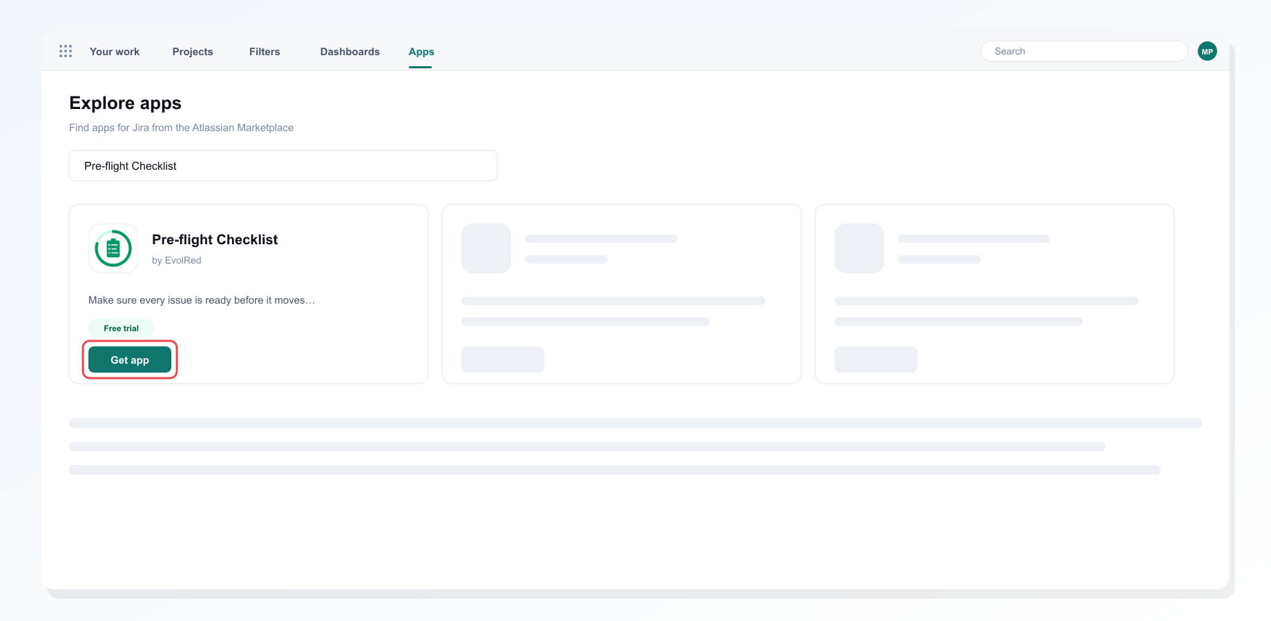 Installing Pre-flight Checklist from the Apps screen in Jira
